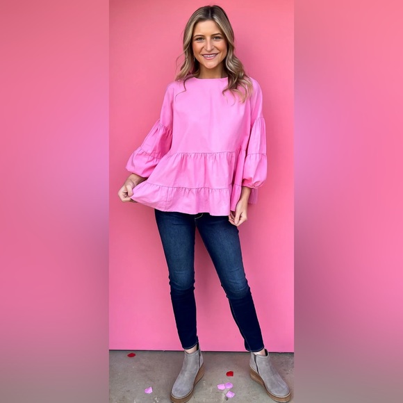 Pink Tiered Balloon Sleeve Blouse | Large (fits up to XXL) | Oversized - Picture 6 of 10